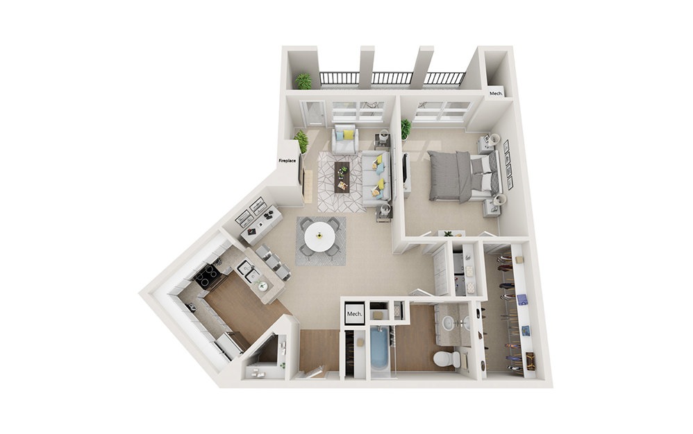 Arlington - 1 bedroom floorplan layout with 1 bathroom and 919 square feet (3D)