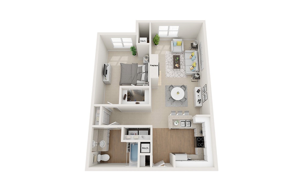 Charles - 1 bedroom floorplan layout with 1 bathroom and 859 square feet (3D)