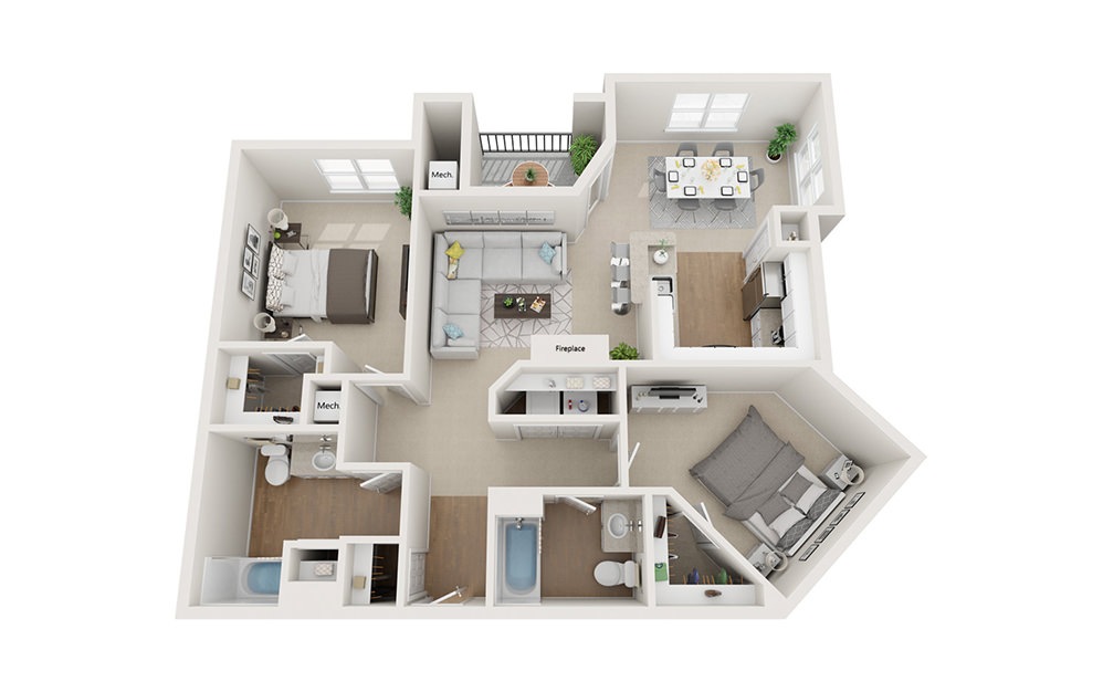 Clarendon - 2 bedroom floorplan layout with 2 bathrooms and 1200 square feet (3D)