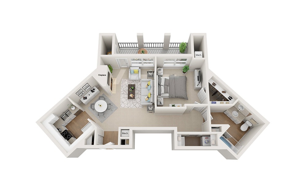 Commonwealth - 1 bedroom floorplan layout with 1 bathroom and 822 square feet (3D)