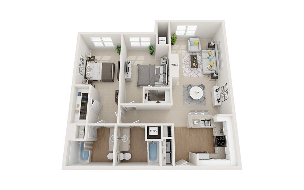 Exeter - 2 bedroom floorplan layout with 2 bathrooms and 1158 square feet (3D)