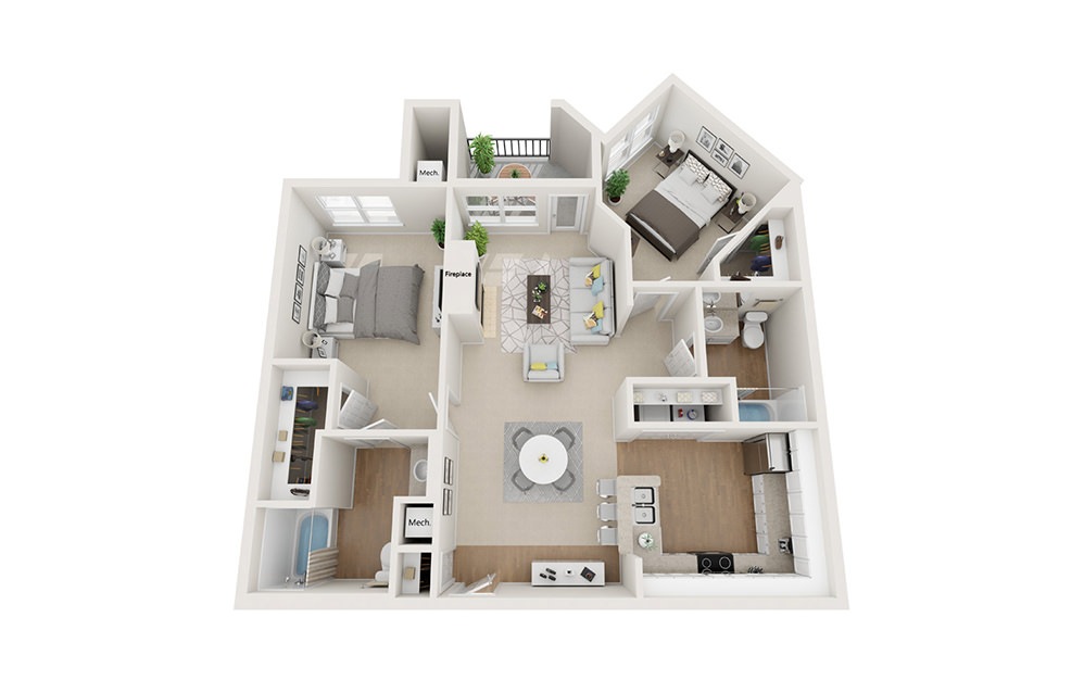 Hanover - 2 bedroom floorplan layout with 2 bathrooms and 1077 square feet (3D)