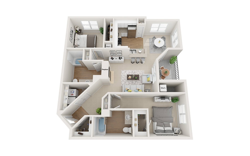 Huntington - 2 bedroom floorplan layout with 2 bathrooms and 1108 square feet (3D)