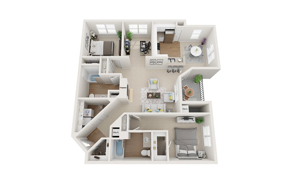 Mt Vernon - 2 bedroom floorplan layout with 2 bathrooms and 1293 square feet (3D)