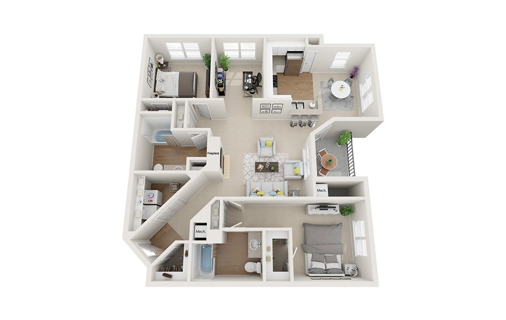 Mt Vernon - 2 bedroom floorplan layout with 2 baths and 1293 square feet. (3D)