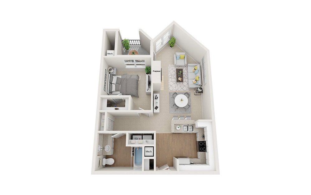 Newbury - 1 bedroom floorplan layout with 1 bathroom and 793 square feet (3D)