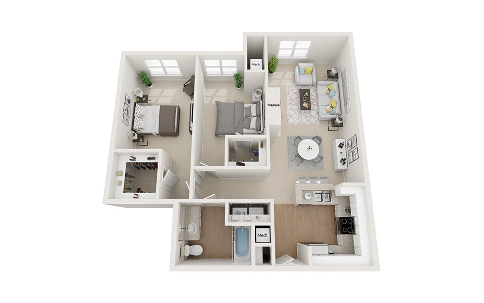 Park - 2 bedroom floorplan layout with 1 bathroom and 1076 square feet (3D)