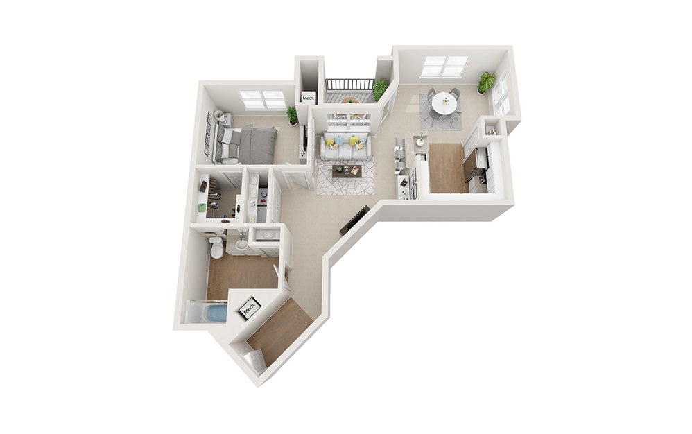 Tremont - 1 bedroom floorplan layout with 1 bathroom and 927 square feet (3D)